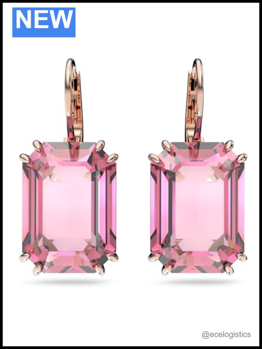 Octagon Cut Crystal Drop Dangle Earrings Rose Gold Tone Plated Push Back